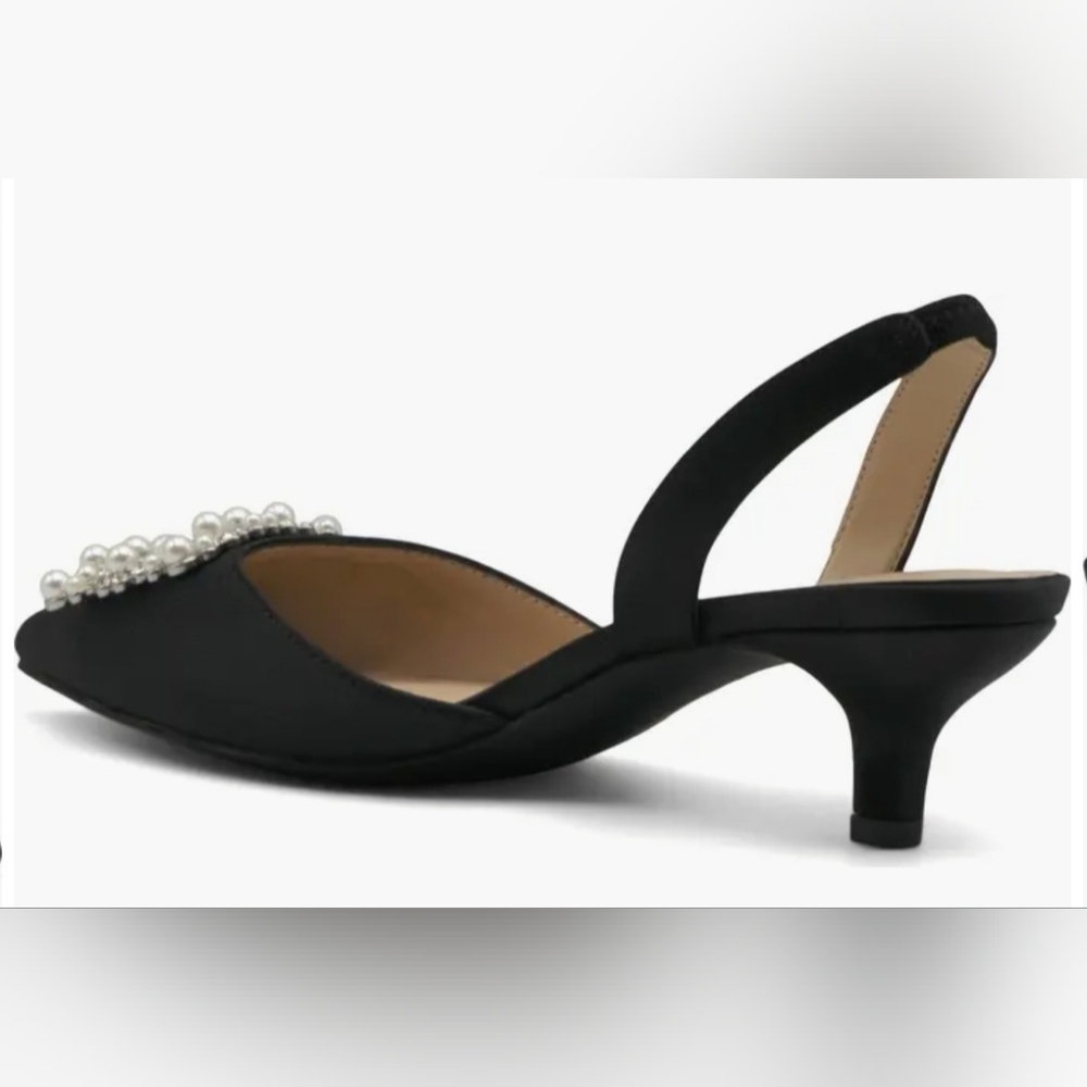 Adrienne Vittadini Black Satin Slingback Heels with Pearl Embellishment - Picture 3 of 9